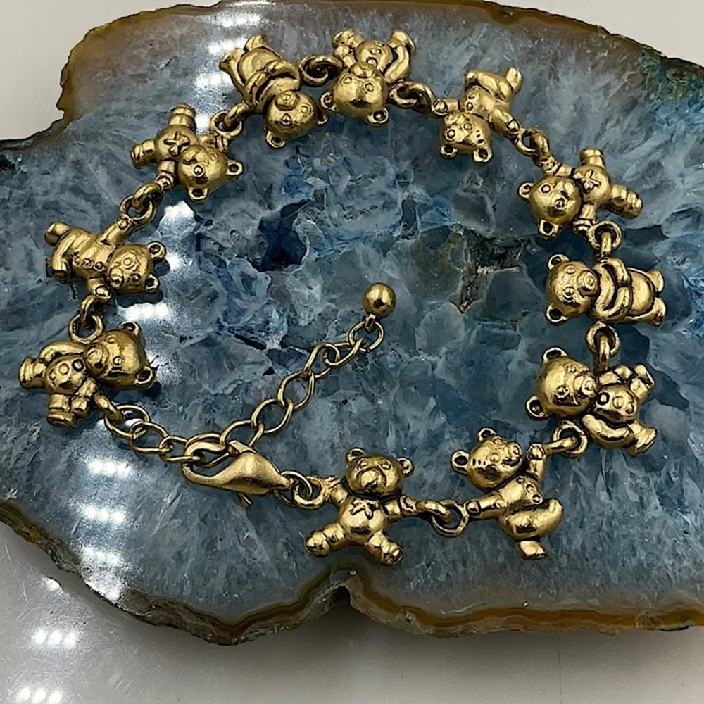 7 1/2” W/2”Ex. Golden Gold Teddy Bear Charm Bracelet With Lobster Claw Closure - Picture 4 of 7